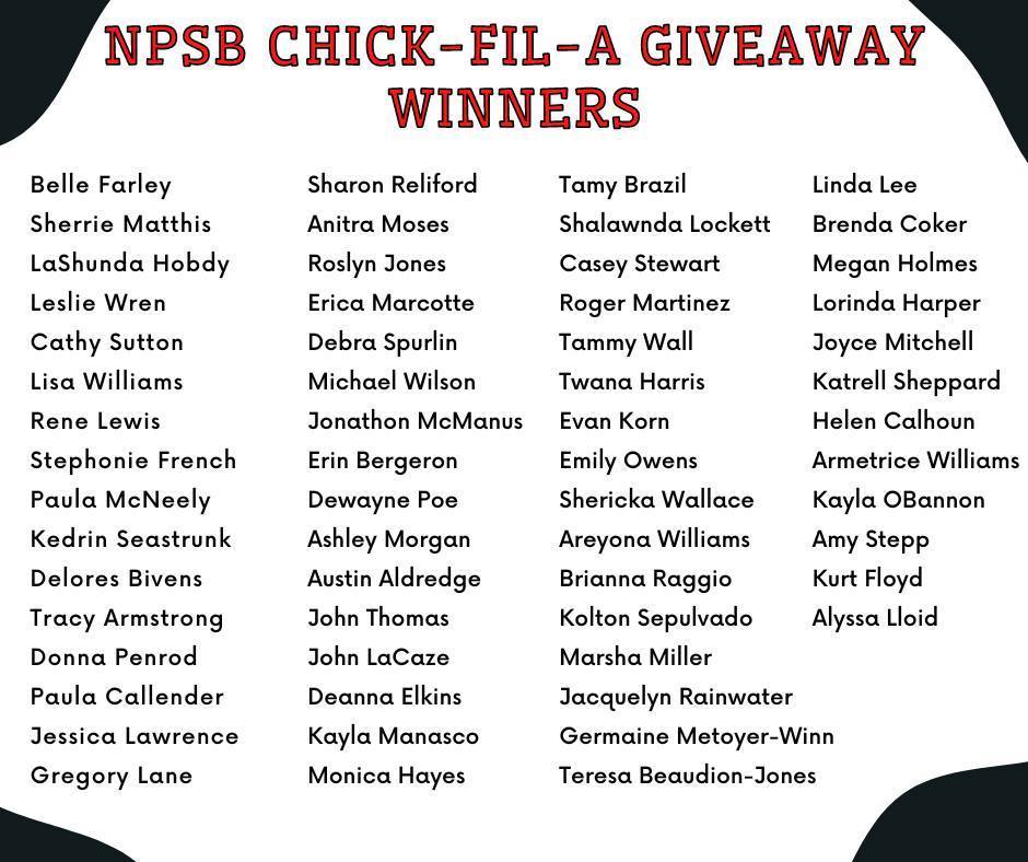 NPSB Chick-Fil-A Giveaway Winners 2022